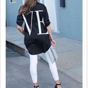 Chic Black Button Down Shirt with White Lettering